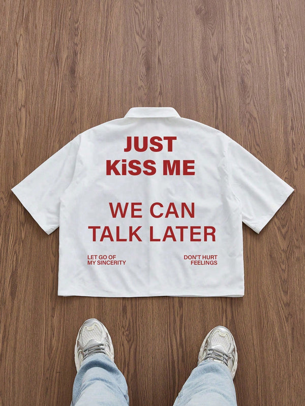 Manfinity Roghcode Casual Cropped Loose Red Slogan Graphic Print White Pattern Shirt